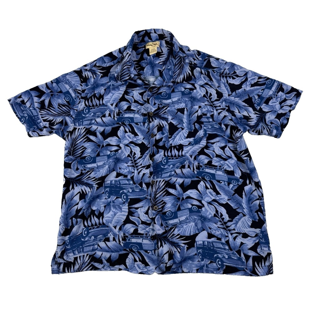 Panama Jack Men's Hawaiian Shirt Size XL Blue Classic Car Print Button Up Beachy
